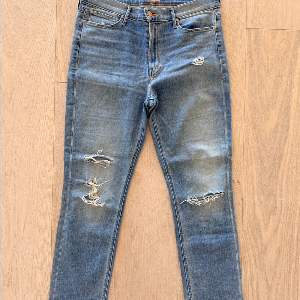 MOTHER Ankle Cropped Distressed Blue Jeans